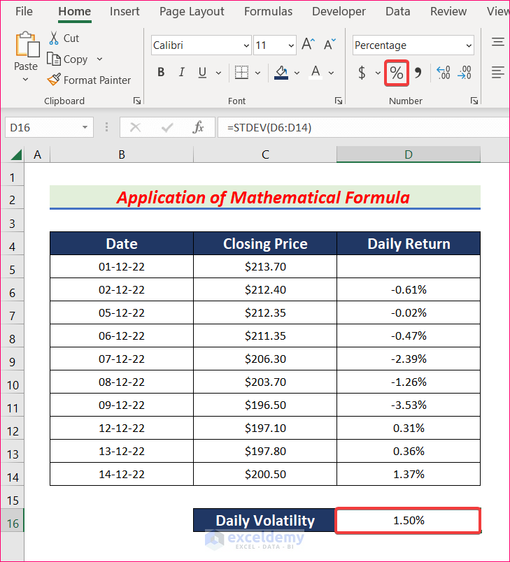 Apply Mathematical Formula to Calculate Daily Volatility in Excel