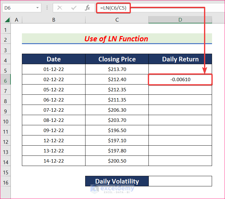 Use LN Function to Calculate Daily Volatility in Excel