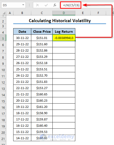 Find Log Return to Calculate Historical Volatility in Excel