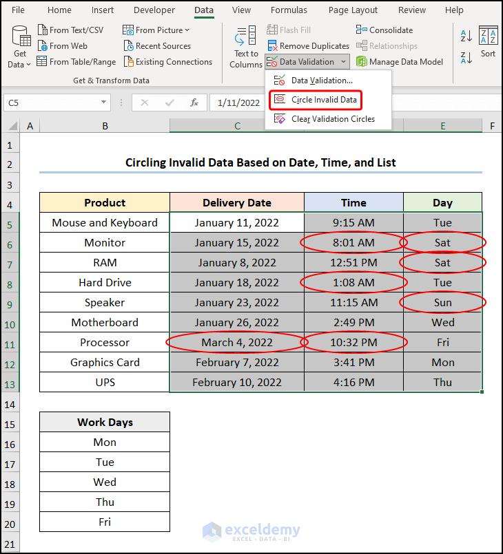 Circle invalid Data in Excel Based on Date, Time, and List