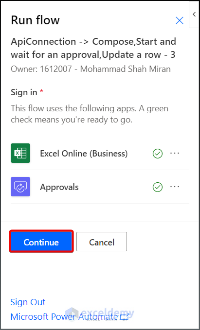 Run the Approval Workflow excel approval workflow