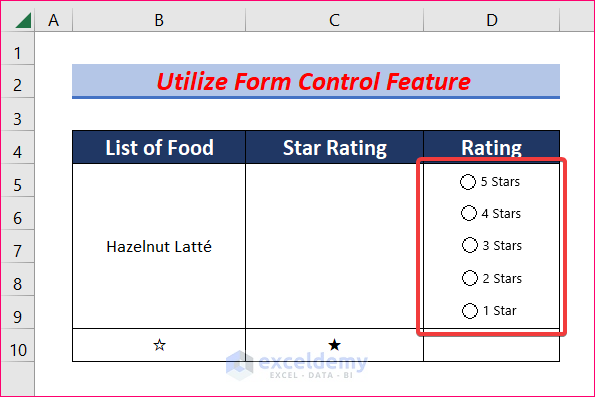 Utilize Form Control Feature to create a rating scale in excel