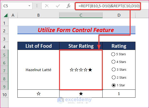 Utilize Form Control Feature to create a rating scale in excel