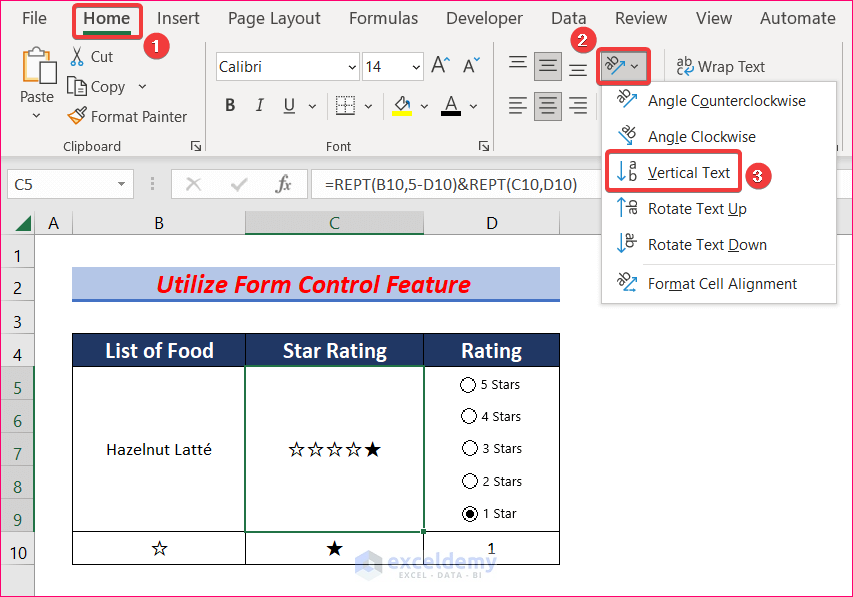Utilize Form Control Feature to create a rating scale in excel