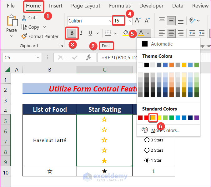 Utilize Form Control Feature to create a rating scale in excel