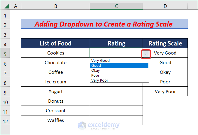 Add Dropdown to create a rating scale in excel