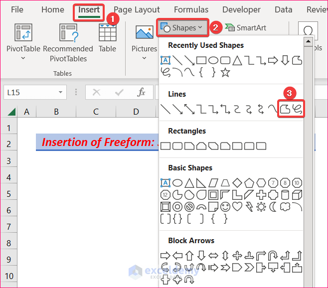 Insert Freeform: Scribble and Freeform: Shape Options for Freehand Drawing to Draw Pictures in Excel