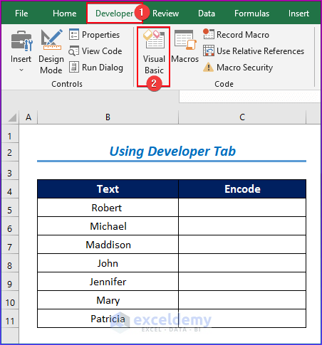 Using Developer Tab to Encode Data in Excel