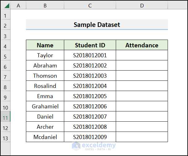Sample Dataset to Make a Checklist in Excel Without Using Developer Tab