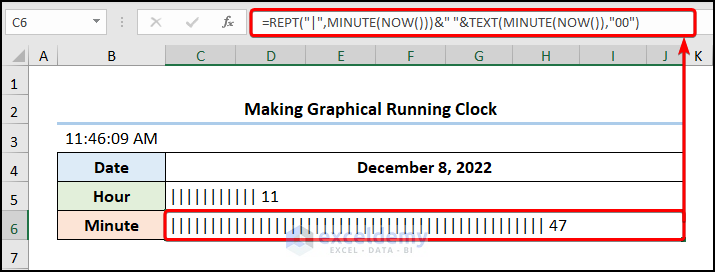 Using REPT, TEXT, and MINUTE functions