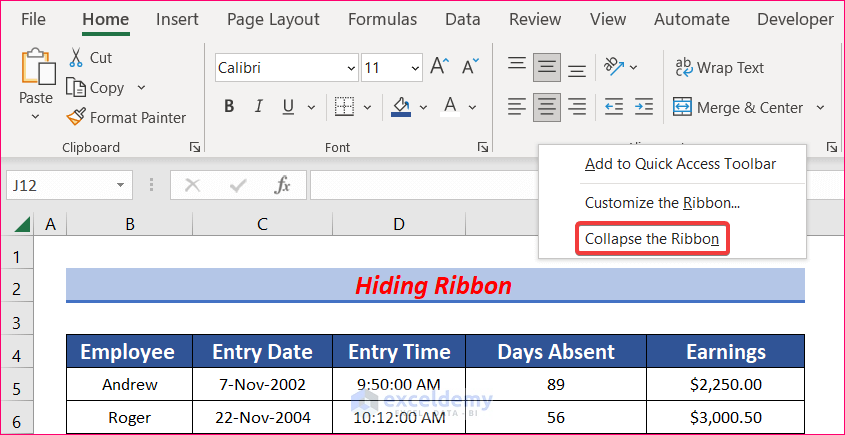 Hide Ribbon to Navigate Large Excel Spreadsheets