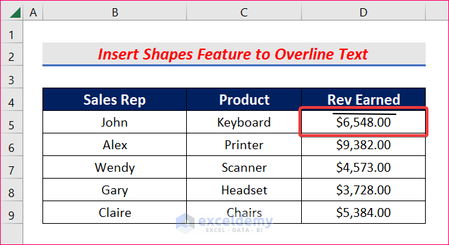 Insert Shapes Feature to Overline Text in Excel