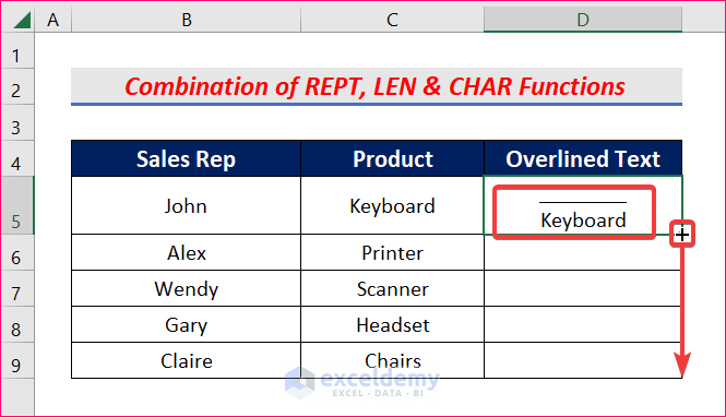 Combine REPT, LEN, and CHAR Functions to overline text in Excel