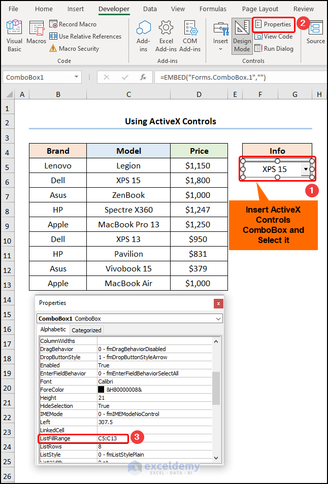 How to Add to a ComboBox from a Range of Cells Without VBA Code Utilizing ActiveX Controls 