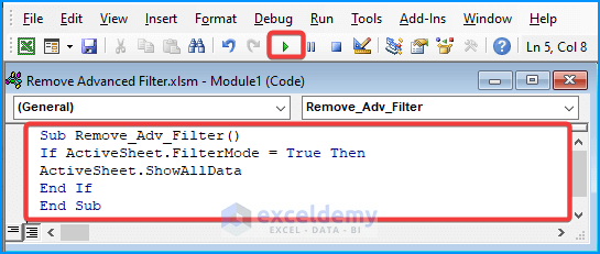 Ejecute un código VBA para eliminar el filtro avanzado en Excel