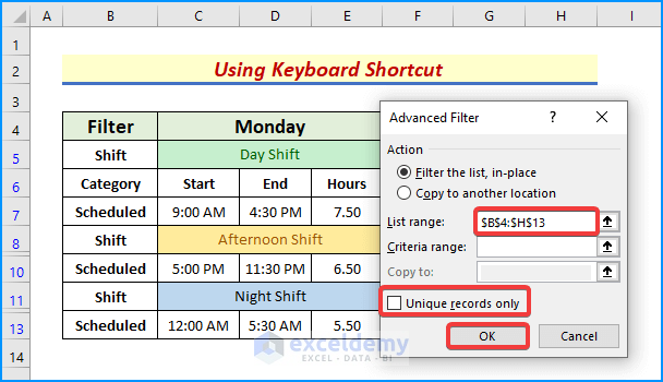 Use el método abreviado de teclado para eliminar filtros avanzados en Excel