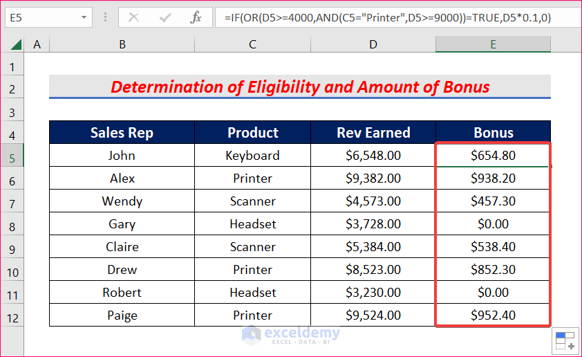 Use AND and OR Functions in Excel to Determine Eligibility and Amount of Bonus