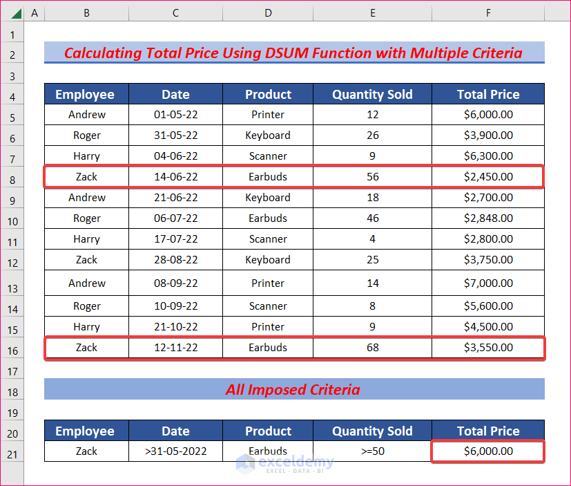 Calculating Total Price Using DSUM Function with Multiple Criteria in Excel