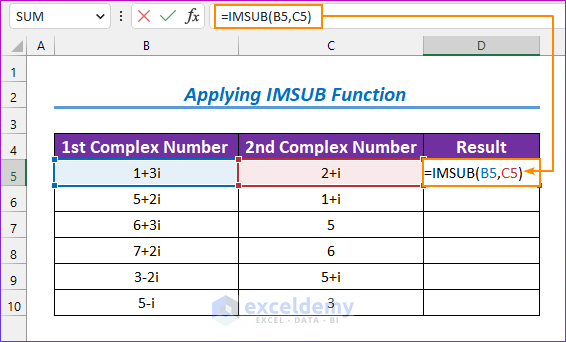 Applying IMSUB Function to Find Difference Between Two Complex Numbers in Excel
