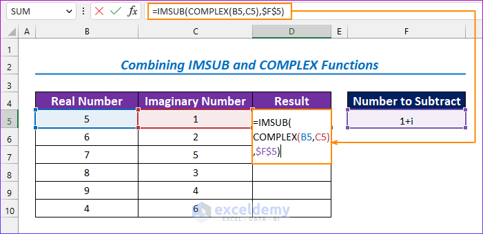 Combining IMSUB and COMPLEX Functions to Determine Difference Between Two Complex Numbers  in Excel