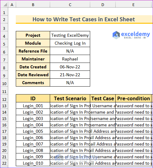 Entering Relevant Data to Write Test Cases in Excel Sheet