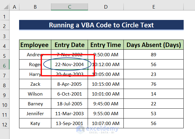 Run a VBA code to Circle Text in Excel