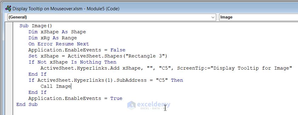 Run an Excel VBA Code to Display Tooltip on Mouseover for Image