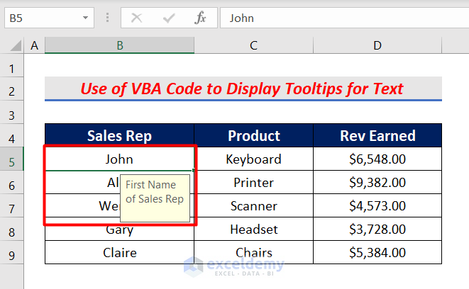 Use VBA Code to Display Tooltip on Mouseover for Text