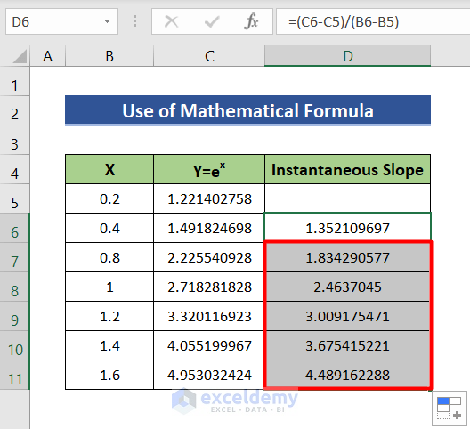 Use mathematical formula to find instantaneous slope on Excel