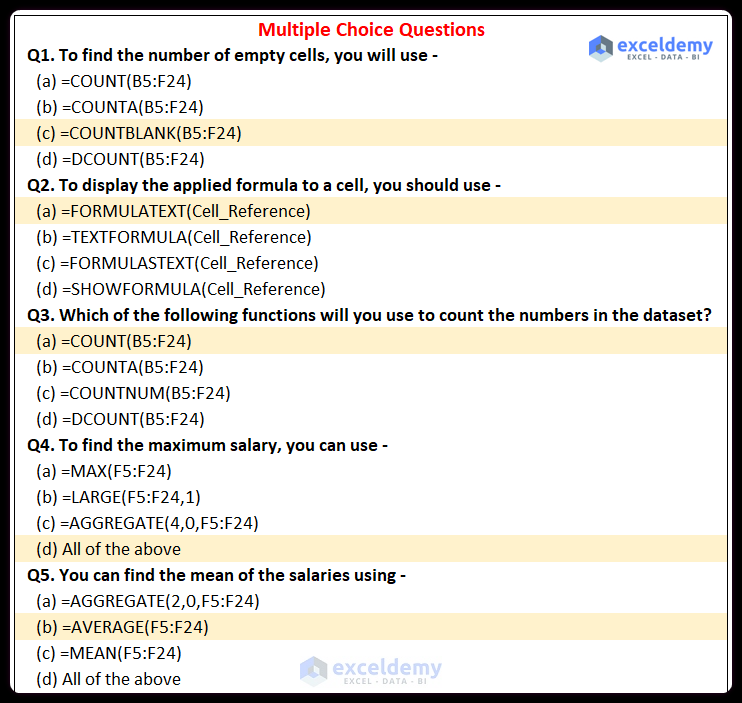 Excel Multichoice Top 50 Multiple Choice Questions (MCQ) on Excel Formulas with Answers ...