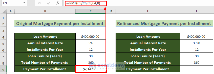 Calculate Payment per Installment for Original Amortization