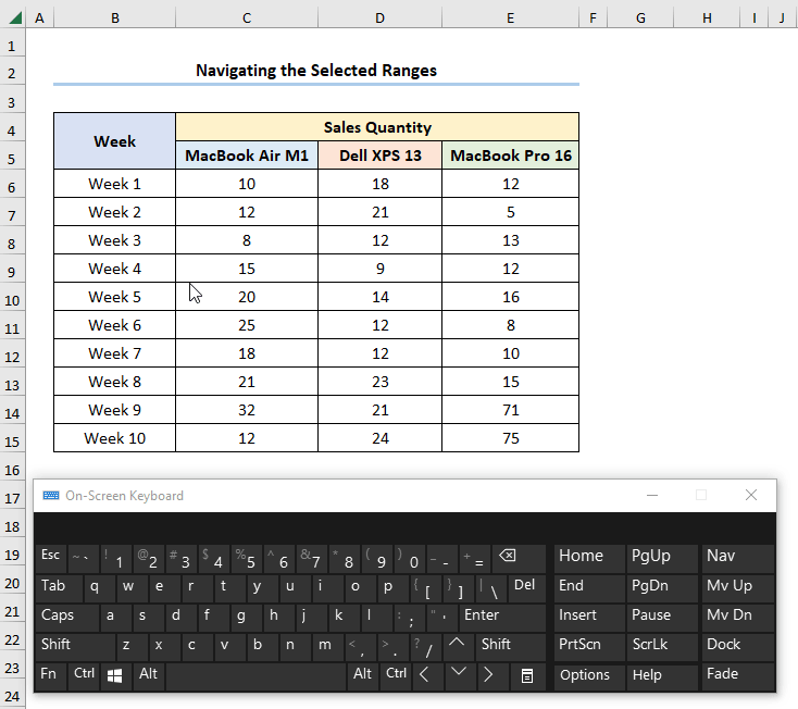 navigation keys in excel within selected cells