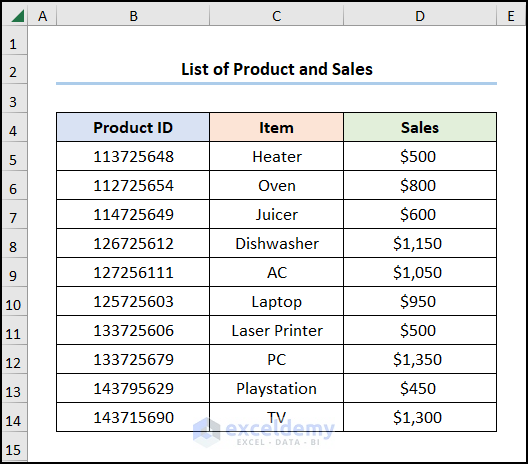 Product dataset for outer join in excel