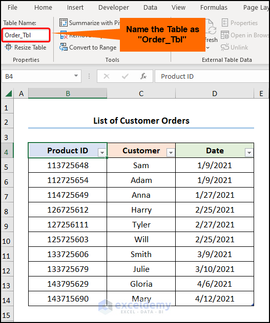 Naming Excel Table