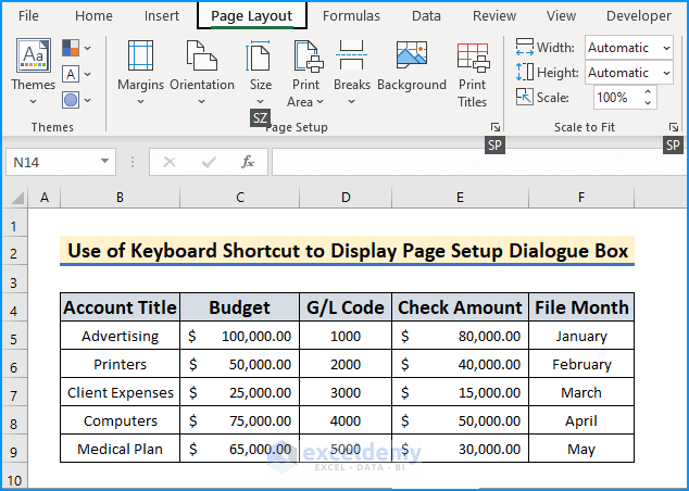 Apply Keyboard Shortcuts to Access Page Setup Dialogue Box