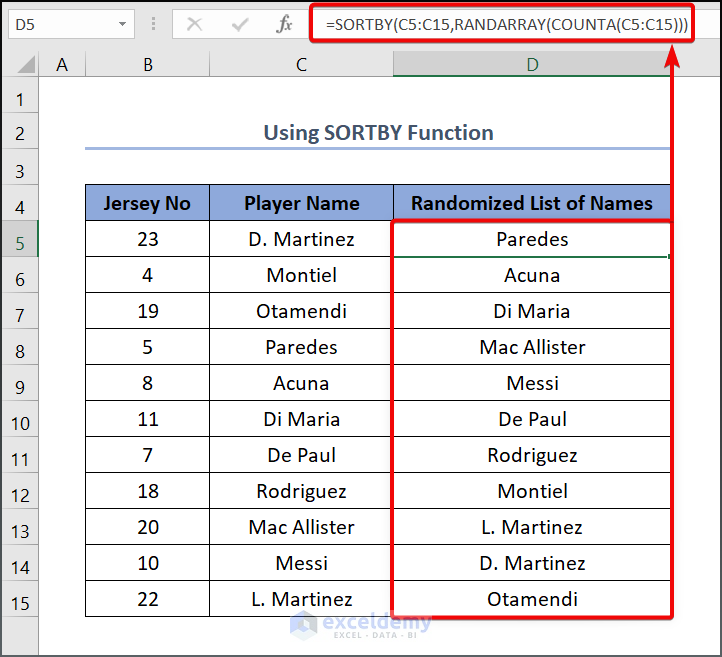 randomize list of names in excel Using SORTBY Function.