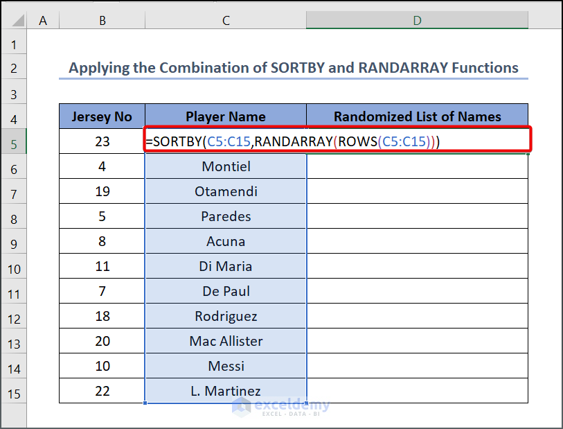 randomize list of names in excel Applying the Combination of SORTBY and RANDARRAY Functions