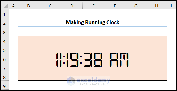digital running clock in excel