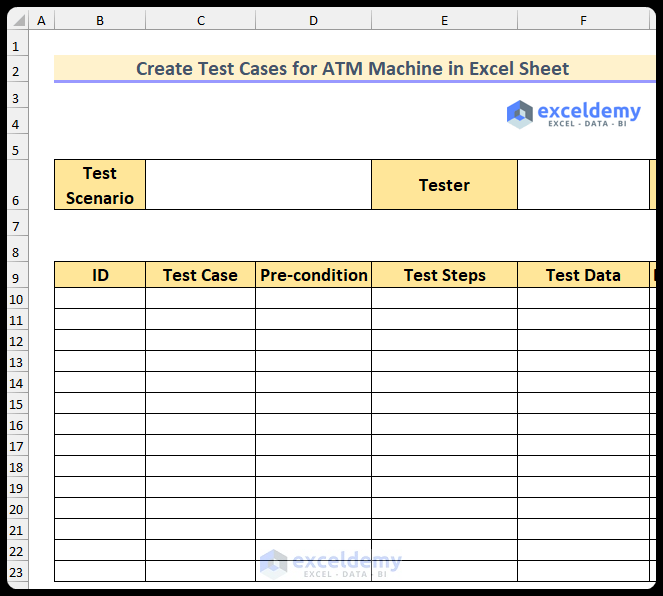 Setting Up Format to Create Test Cases for ATM Machine in Excel Sheet