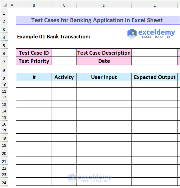 Setting Up Format to Create Test Cases for Banking Application in Excel Sheet