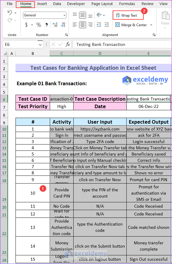 Entering Relevant Data to Create Test Cases for Banking Application in Excel Sheet
