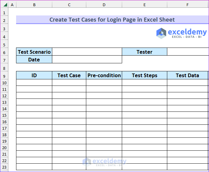 Setting Up Format to Create Test Cases for Login Page in Excel Sheet 
