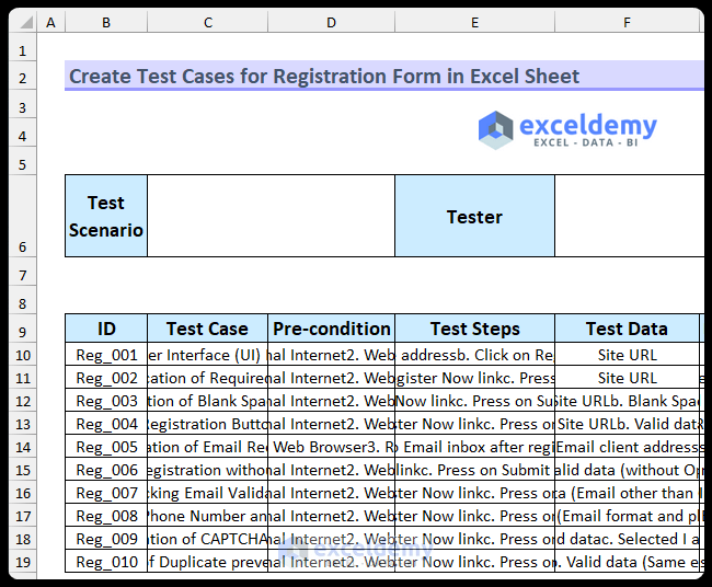 Entering Relevant Data to Create Test Cases for Registration Form in Excel Sheet