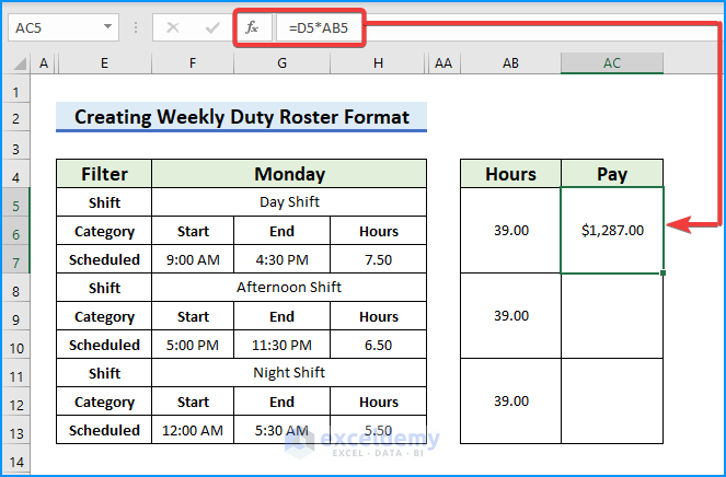 Use SUM Function to Create Weekly Duty Roster Format
