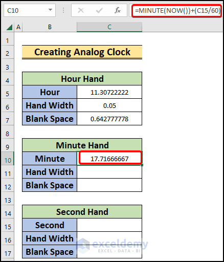 inserting formulas to create analog clock in excel