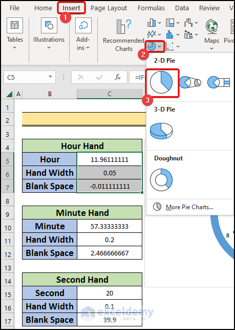 inserting time hands to create analog clock in excel