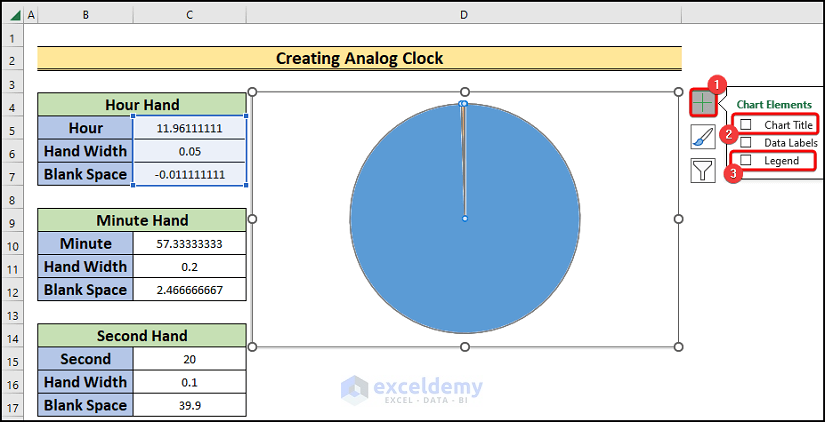 inserting time hands to create analog clock in excel