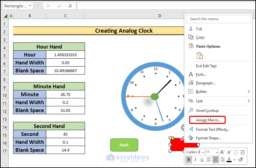 applying vba code create analog clock in excel