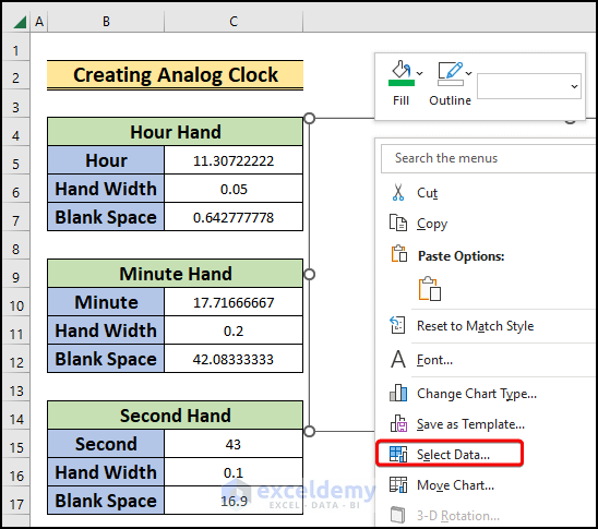 inserting frame to create analog clock in excel