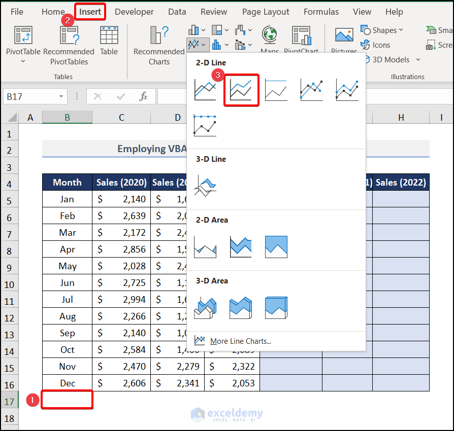 Insert chart to create animated charts in Excel